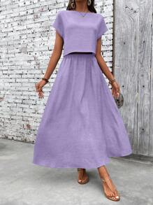 EMERY ROSE 2pcs/Set Women Solid Color Short Sleeve Casual Top And Skirt Set