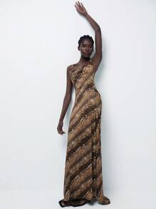 SHEIN Privé Asymmetrical Random Gold Plated Leopard Print Premium Unique Design Backless High Slit Hem Sleeveless Strap Dress For Women - Multicolor - View 2