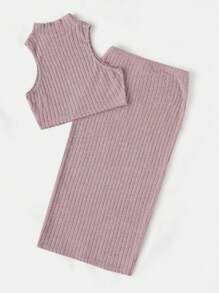 SHEIN EZwear 女士纯色针织短款上衣和紧身裙两件套，浅紫色 - 淡紫色 - 查看 2