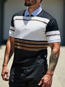 Manfinity Homme Plus Size Men's Solid Color Patchwork Front Zipper Short Sleeve Casual Polo Shirt - Khaki - View 1