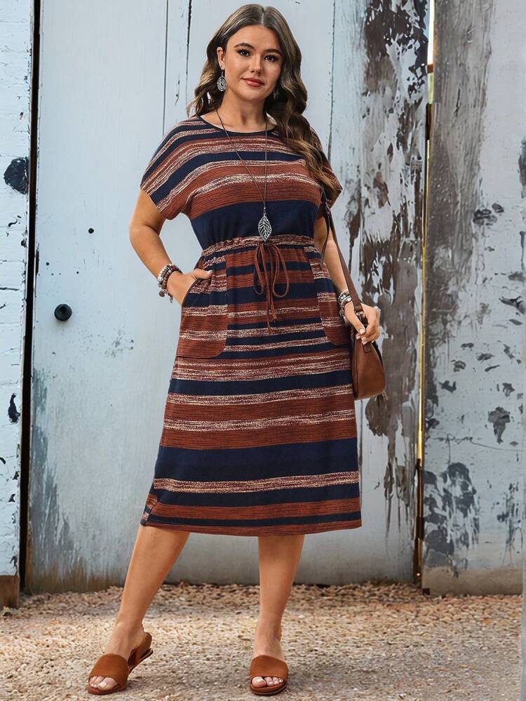Plus Size Women's Striped Round Neck Short Sleeve Drawstring Loose Country Casual Vacation Dress,Spring And Summer