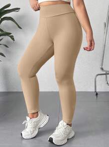 SHEIN EZwear 大码纯色弹力修身打底裤，日常休闲穿着 - 駝色 - 查看 3
