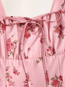 Sweetra Vestido largo con estampado floral vintage con cuello cuadrado y cintura ajustada para mujer