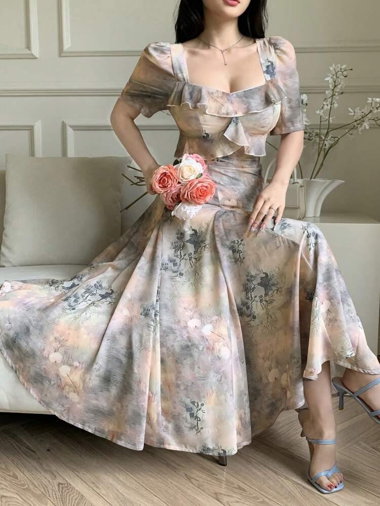 Women's Ditsy Floral Puff Sleeve Ruffle Hem Mid-Length Dress, Elegant Style Sundress Vacation Outfits Women Easter Maxi Dress