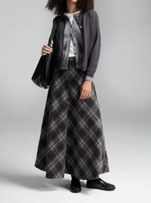 LYSMO Dames Hoge Taille Plaid Lange Casual Forensenrok