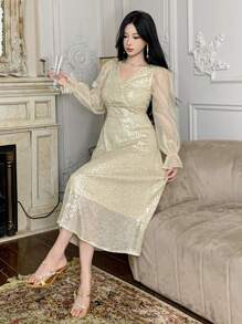 DAZY Sequin Patchwork V-Neck Puff Sleeve Midi Dress For Women Prom Dress,Fall Dress Luxury Elegant Women Dresses New Year Eve Dress Sparkly Dress - Apricot - View 3