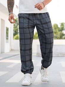 Manfinity Homme Calça Jogger Casual Xadrez Plus Size Masculina, Uso Diário - Cinza - Visão 1