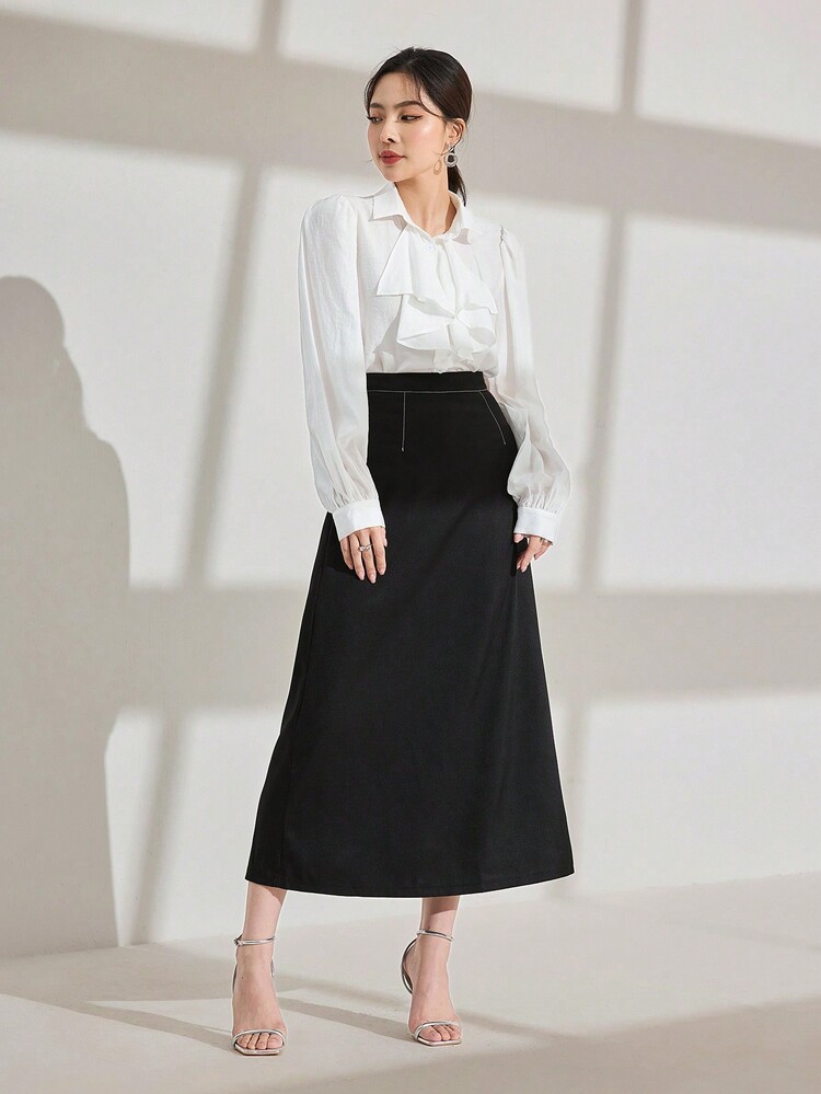 Modelyn 2 件套女士套装：灯笼袖衬衫和 A 字裙，春夏 - 彩色 - 查看 5