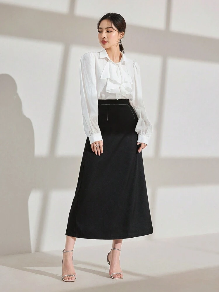 Modelyn 2pcs Women Set: Lantern Sleeve Blouse And A-Line Skirt, Spring/Summer - Multicolor - View 5