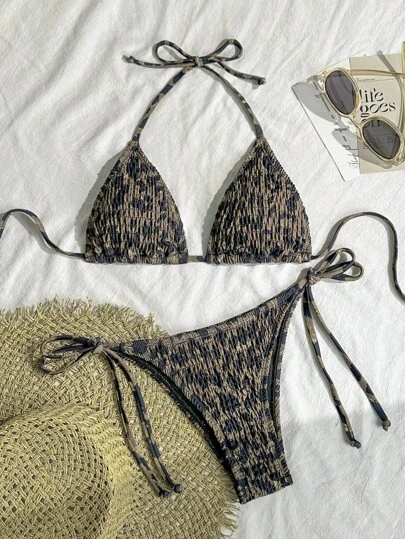 Swim Vcay Women's 2 Pieces Leopard Print Ruffled Crisscross Halter Bikini Swimming Suit For Beach Vacation, Summer Outfit