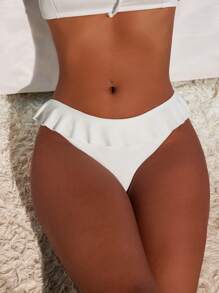 Women Solid Color Bikini Bottoms With Ruffle Trim, Casual Swimwear Bottom, For Summer Beach Vacation - White - View 4