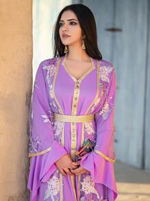 Layrah Elegant Long Sleeve Simple Lace Patchwork Purple Embroidery 2 Pieces Set, Modest Kaftan - Purple - View 5