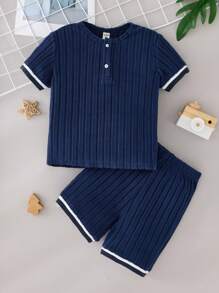Young Boys Simple Casual Round Neck Half Placket Ribbed Cuff Shorts Knit Ribbed Pajama Set, 2pcs - Blue - View 1