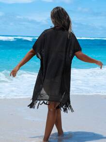 Swim Vcay Summer Plus Size Women New Holey Tassel Cardigan Knit Cover-Up For Beach Vacation