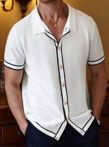Manfinity CityGents Camisa casual de punto de manga corta con botones y ribete de contraste para hombres