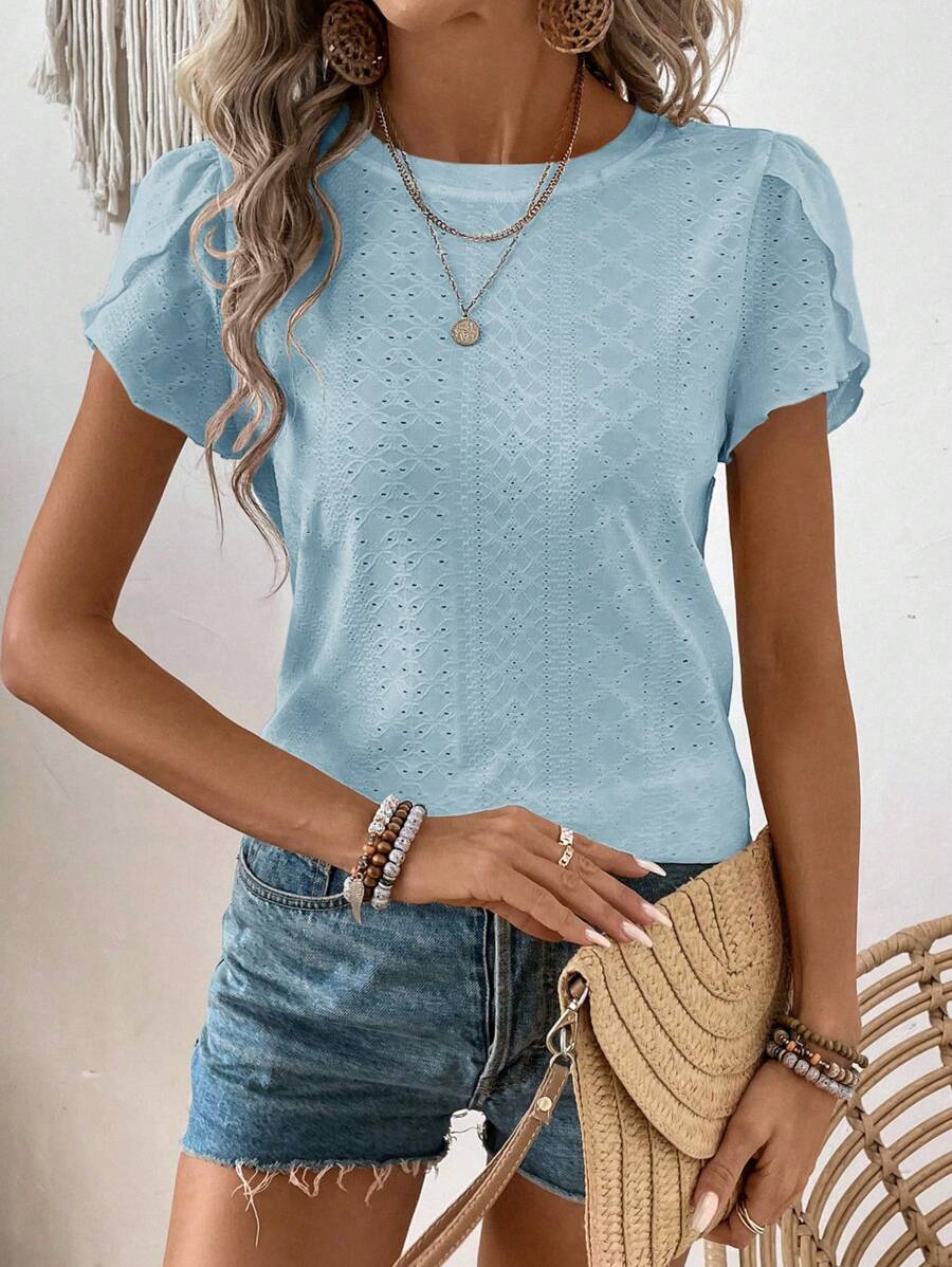 SHEIN LUNE Áo thun nữ cổ tròn tay ngắn màu trơn thường ngày, mặc hàng ngày - Màu xanh bạc hà - Xem 1