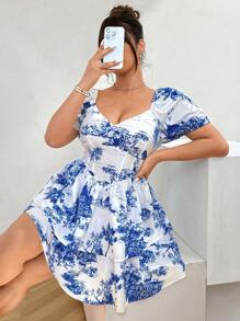 Celure Vestido casual de manga corta con cuello de corazón y estampado, estilo corpiño para tallas grandes en verano