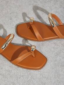 SHUZIA Women's Metallic Strap And Ring Thong Square Toe Pu Tan Flat Sandals- Bold, Modern & Stylish Spring Shoes Spring Break Easter Vacation Shoes Casual Shoes Beach Shoes - Brown - View 6
