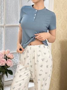 CottageSlumber 2pcs Solid Color Ribbed Half-Button Short Sleeve Top And Ditsy Floral Pants Women Pajama Set Holiday Season, Vacation