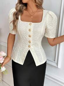 Calvaya Blusa casual de mujer con cuello cuadrado, mangas abullonadas, cintura ceñida y abertura en el bajo para primavera/verano