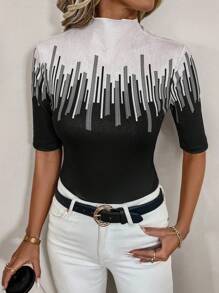 SHEIN Clasi Women's Stand Collar Short Sleeve Printed Casual Blouse, Daily Wear - Multicolor - View 1