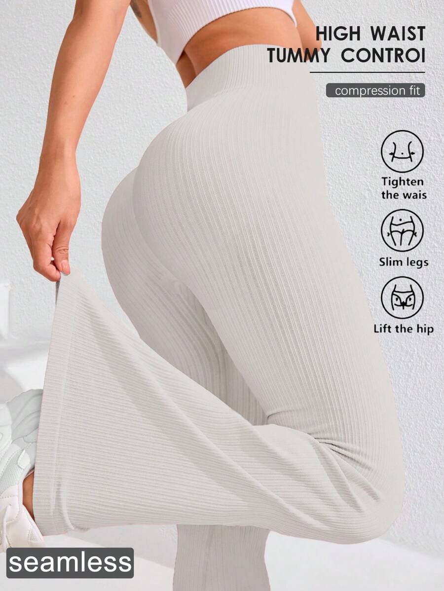 Gameset SHEIN Sport 女士纯色高腰无缝罗纹瑜伽紧身裤 - 淺灰色 - 查看 1