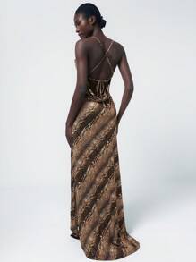 SHEIN Privé Asymmetrical Random Gold Plated Leopard Print Premium Unique Design Backless High Slit Hem Sleeveless Strap Dress For Women - Multicolor - View 1