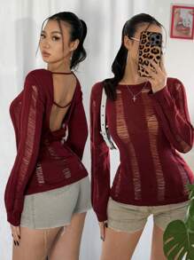 Chiquease 新款镂空露背修身针织沙滩罩衫套头毛衣，女士秋冬针织套头衫 - 酒紅色 - 查看 2