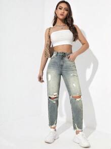 SHEIN EZwear Women's Summer High Waisted Ripped Mom Fit Jeans - Multicolor - View 4