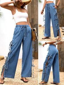 Breezaya Women's Front Tie Pocket Casual Straight Leg Jeans