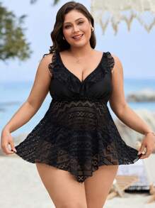 Swim Lushoire Plus Size Women's Two-Piece Black Solid Color Lace Ruffle Minimalist High Waisted Swim Dress & Swim Bottom, For Summer Beach Vacation - Black - View 3