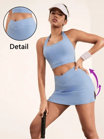 Hanevo Conjunto de top deportivo de tirantes y espalda de nadadora, y minifalda, en estilo europeo y americano, para uso deportivo al aire libre, material amigable con la piel, para mujeres