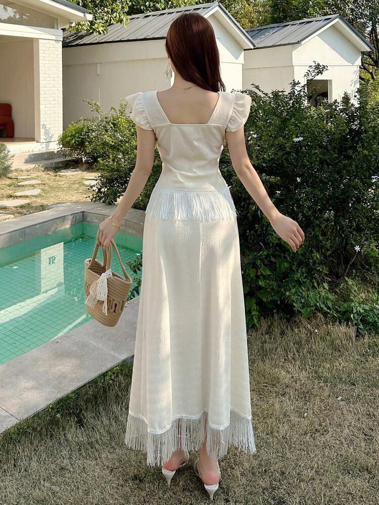 Women 2 Pieces Set: Solid Color Fringe V-Neck Ruffle Hem Sleeveless Top And Skirt