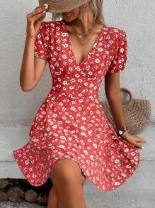 Chiquease Vestido y falda de verano con cuello en V y estampado floral diminuto para mujer, atuendo para vacaciones y playa