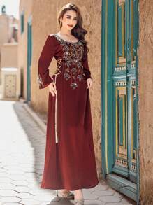 Al Najma Crew Neck Long Sleeve Minimalist Embossed Satin High Waist Maxi Dress Kaftan Jalabiya Dress - Maroon - View 7