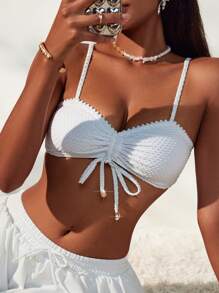 SHEIN Swim Women's Adjustable Drawstring Textured Fabric Swimwear Top, For Summer Beach Vacation - White - View 1