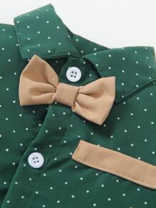 SHEIN 2 件套男婴波尔卡圆点长袖领结衬衫和吊带裤套装，舒适休闲正式服装适合日常、活动、表演、万圣节、圣诞节 - 綠色 - 查看 6