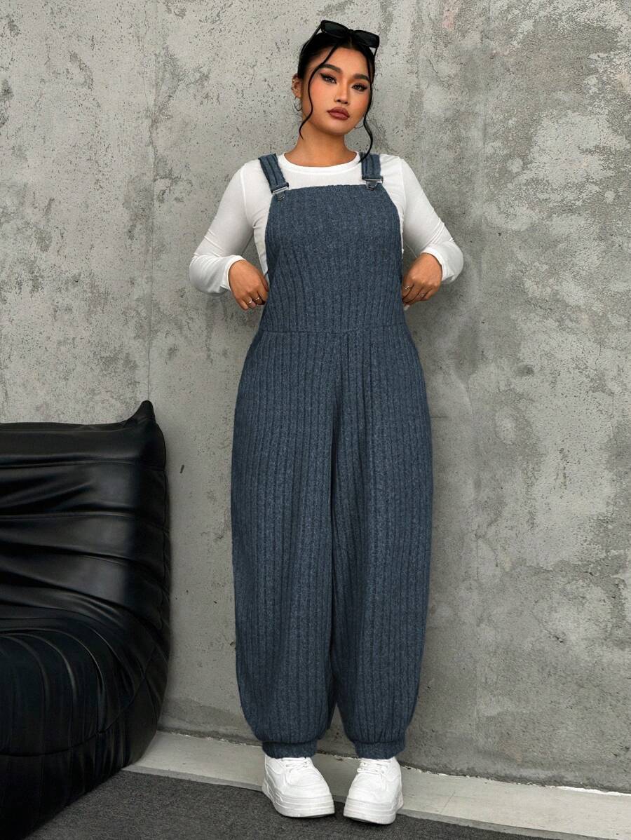 SHEIN EZwear Plus Size Grey Elastic Textured Bib Pants For Autumn/Winter - Navy Blue - View 1