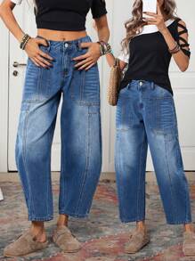 SHEIN LUNE 女士休闲水洗军刀形牛仔裤 - 藍色 - 查看 3