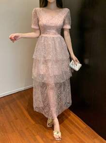 DAZY V-Neck Sequin Ruffle Hem Mid-Long Dress For Women, Holiday & Date Night Outfit Prom Dress Sundress