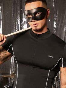 FeverCity Men's Contrast Line Splice Front Zipper Short Sleeve Casual Jumpsuit & Bib Pants - Black - View 5