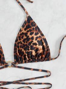 Summer Random Printed Sexy Leopard Strap Triange Bikini Set - Multicolor - View 6