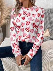 SHEIN LUNE Valentijnsdag Casual Hartpatroon Vierkante Hals Lange Mouw T-shirt Voor Vrouwen, Geschikt Voor Lente En Herfst