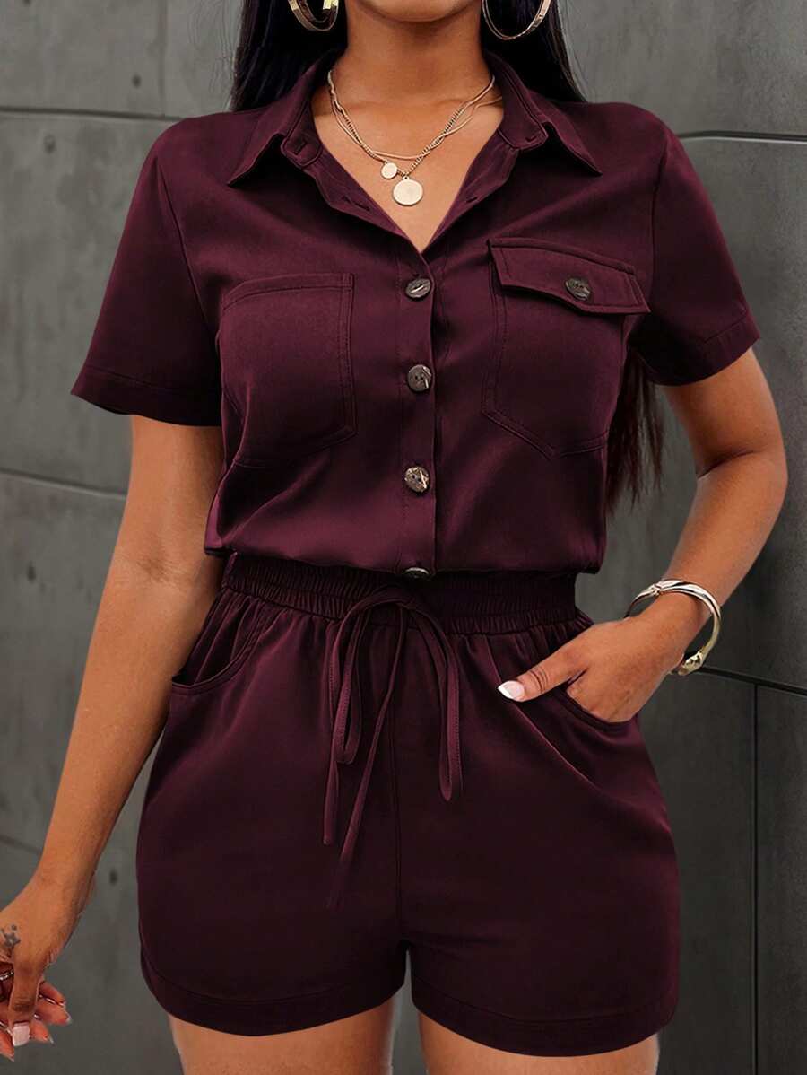 SHEIN LUNE 女士纯色前扣开合短袖口袋休闲连体裤 - 酒紅色 - 查看 1