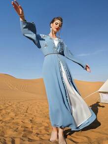 Layrah 花卉刺绣长袖休闲浅蓝色手工珍珠装饰，朴素长袍 Abaya - 霧霾藍 - 查看 6