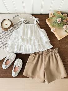 LMoss Kids LMoss Baby Girl Woven Solid Color Ruffle Trim Camisole Top And Coordinating Woven Solid Color Shorts 2pcs Outfit Set - White - View 2