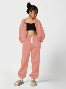 SUMWON Cozy Full Zip Hoodie Jacket With Elastic Waistband Athletic Sweatshirt For Wear Workout Casual Wear With Kangaroo Pockets Fall Winter Season - Coral Pink - View 4