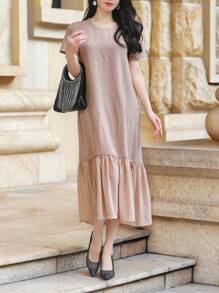 DAZY Elegantes Chiffon-Patchwork-Midikleid mit Puffärmeln für Frauen, Rüschen - Pink - Übersicht 6