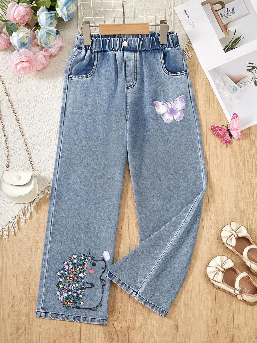 Dziewczyny w wieku nastoletnim słodkie motyle, kwiaty, nadruk jeża codzienne uniwersalne dżinsy, odpowiednie na wiosnę, lato i jesień - Niebieski - Zobacz 1