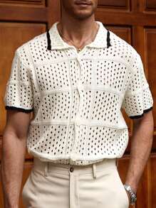 Manfinity Homme Men's Solid Color Patchwork Front Button Short Sleeve Casual Knit Sweater - Green - View 5